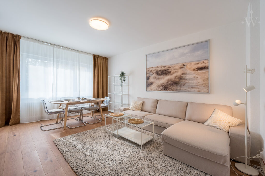 Sofa mit Teppich und Couchtisch